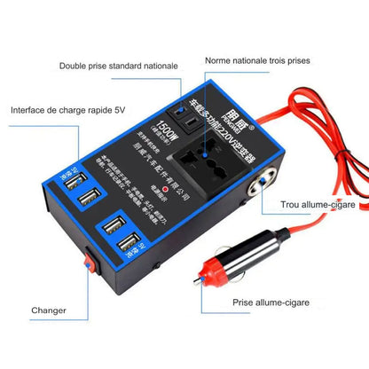 Onduleur De Puissance De Voiture À 1500w Avec Adaptateur De Chargeur À 4 Prises Usb