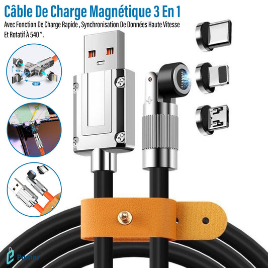 Câble De Charge Magnétique 3 En 1 Avec Fonction De Charge Rapide Et Rotatif À 540   Type C IOS Android