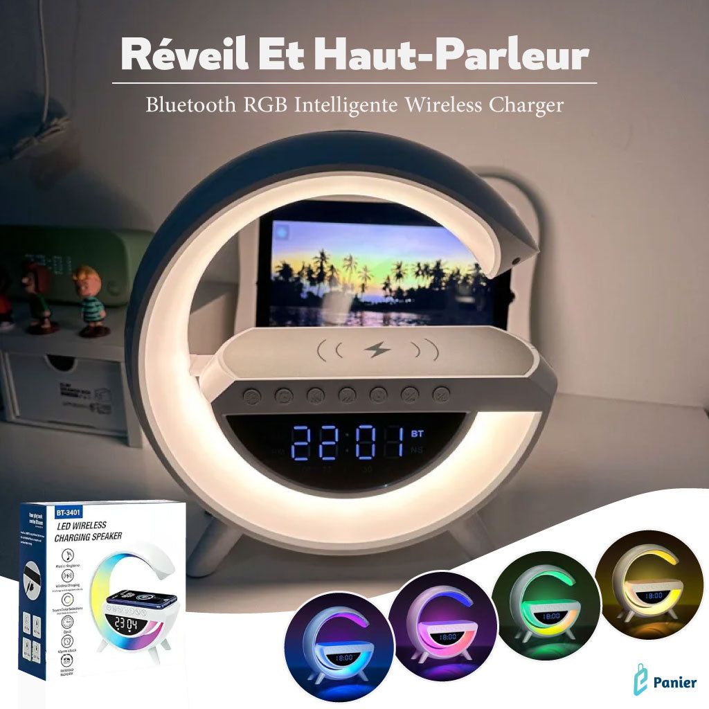 Lampe Led Rgb Intelligente Avec Chargeur Sans Fil Et Réveil et Haut-parleur Bluetooth Et Radio.