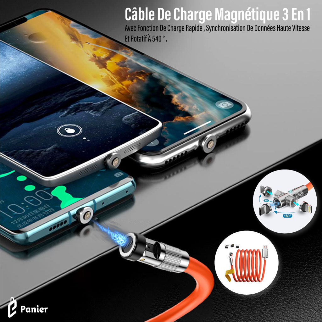 Câble De Charge Magnétique 3 En 1 Avec Fonction De Charge Rapide Et Rotatif À 540   Type C IOS Android