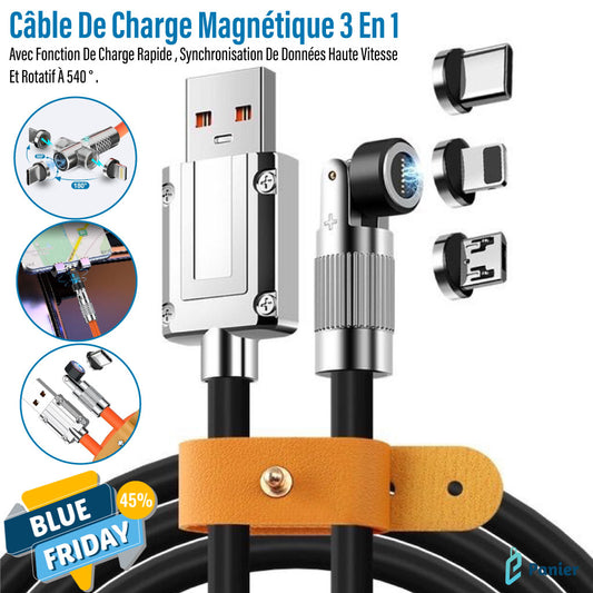 Câble De Charge Magnétique 3 En 1 Avec Fonction De Charge Rapide Et Rotatif À 540   Type C IOS Android
