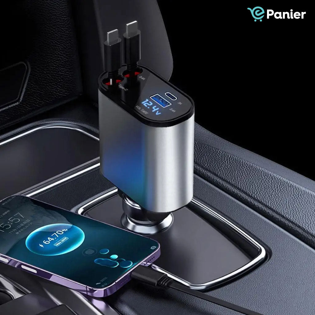 Chargeur Rapide Rétractable Pour Voiture 4 En 1 Usb C-lighting - Câble Usb Et Affichage De La Tension