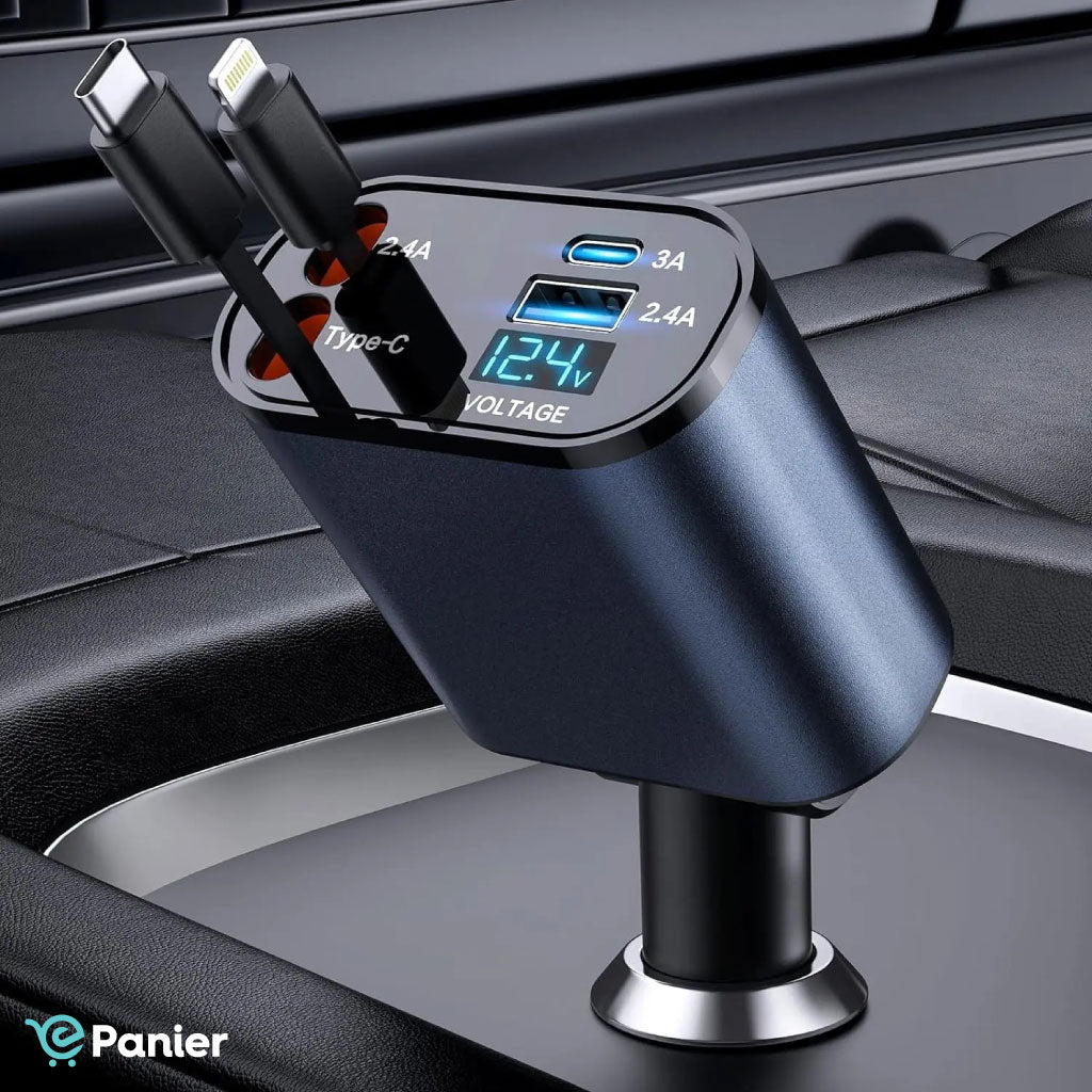 Chargeur Rapide Rétractable Pour Voiture 4 En 1 Usb C-lighting - Câble Usb Et Affichage De La Tension