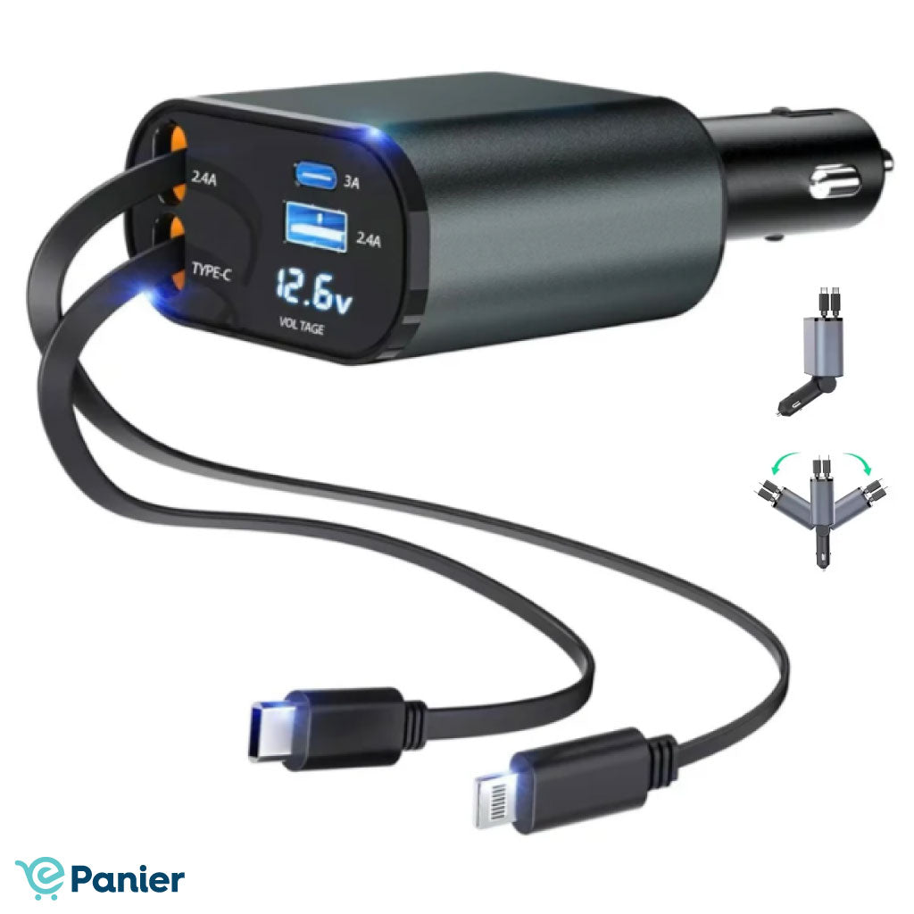 Chargeur Rapide Rétractable Pour Voiture 4 En 1 Usb C-lighting - Câble Usb Et Affichage De La Tension